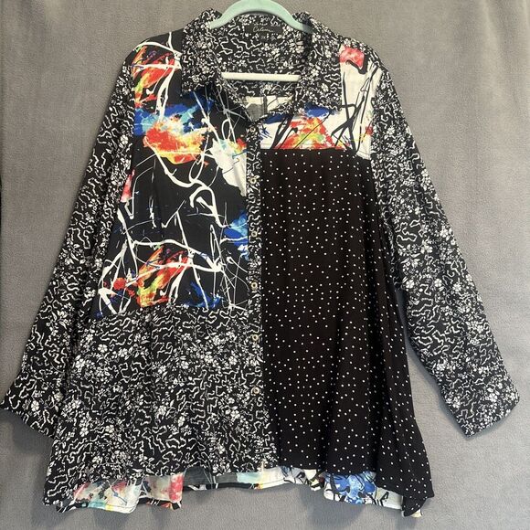 Calessa Tops - Calessa Button Up Tunic Top Sheer Mixed Print Plus Size 2X Artsy Art to Wear